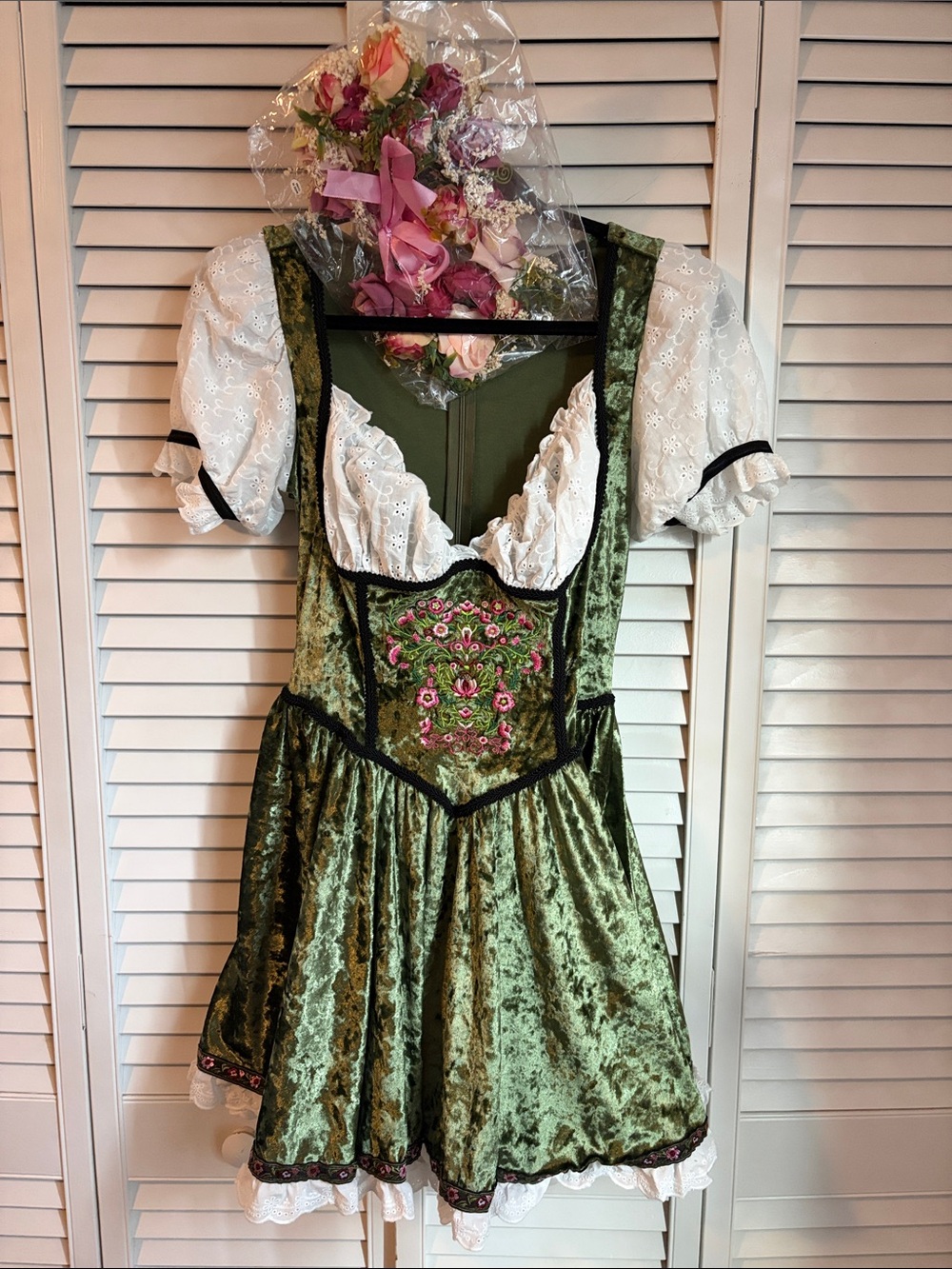 Green Velvet Embroidered Mini Dress with White Eyelet Bodice
